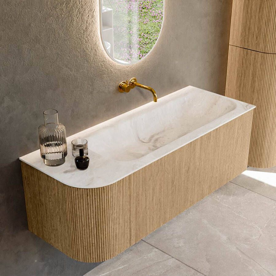 Mondiaz KURVE-DLUX 125cm badmeubel met module 25 L kleur Oak met 1 lade en 1 deur. Wastafel BIG MEDIUM rechts zonder kraangat kleur Frappe. KRVBGM125L1L1D0KR-Oak Fra