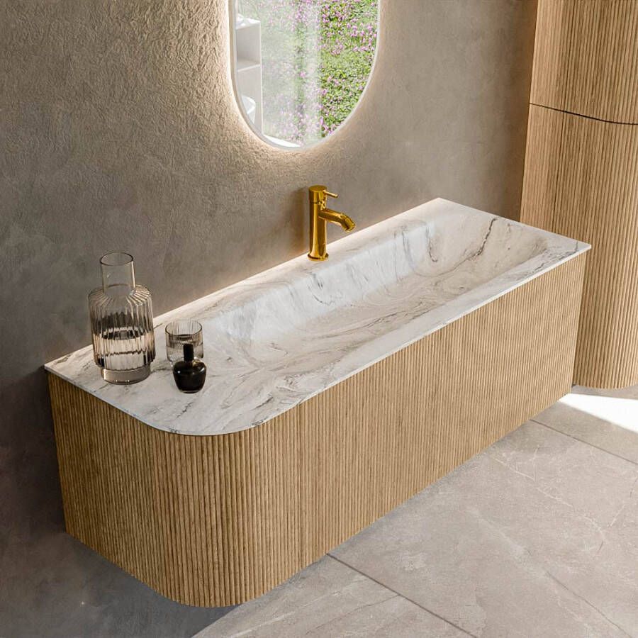 Mondiaz KURVE-DLUX 125cm badmeubel met module 25 L kleur Oak met 1 lade en 1 deur. Wastafel BIG MEDIUM rechts 1 kraangat kleur Glace. KRVBGM125L1L1D1KR-Oak Gla