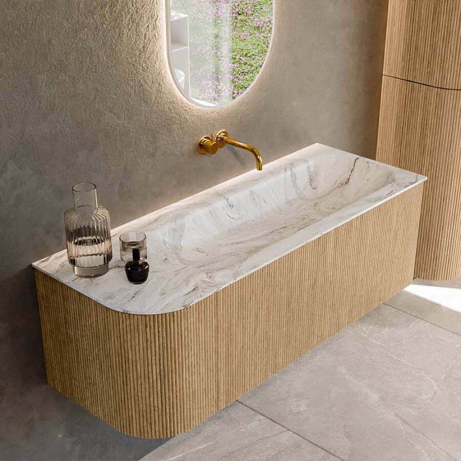 Mondiaz KURVE-DLUX 125cm badmeubel met module 25 L kleur Oak met 1 lade en 1 deur. Wastafel BIG MEDIUM rechts zonder kraangat kleur Glace. KRVBGM125L1L1D0KR-Oak Gla