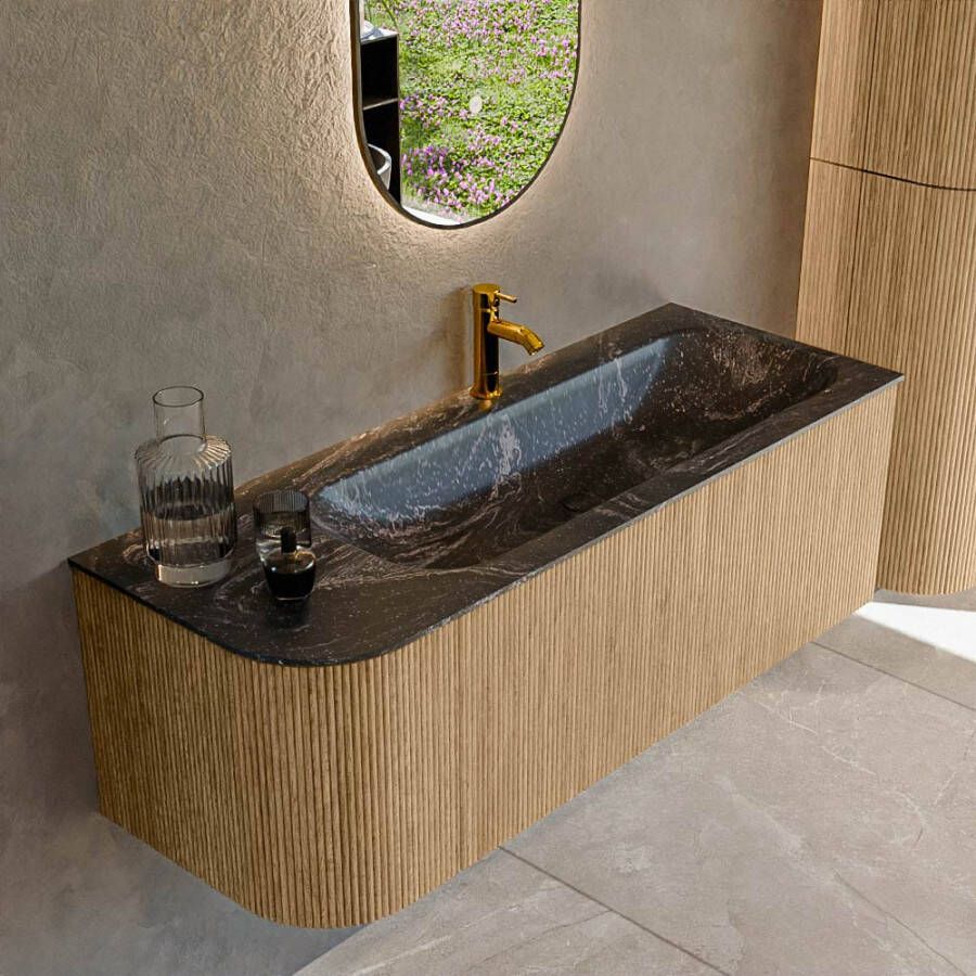 Mondiaz KURVE-DLUX 125cm badmeubel met module 25 L kleur Oak met 1 lade en 1 deur. Wastafel BIG MEDIUM rechts 1 kraangat kleur Lava. KRVBGM125L1L1D1KR-Oak Lav