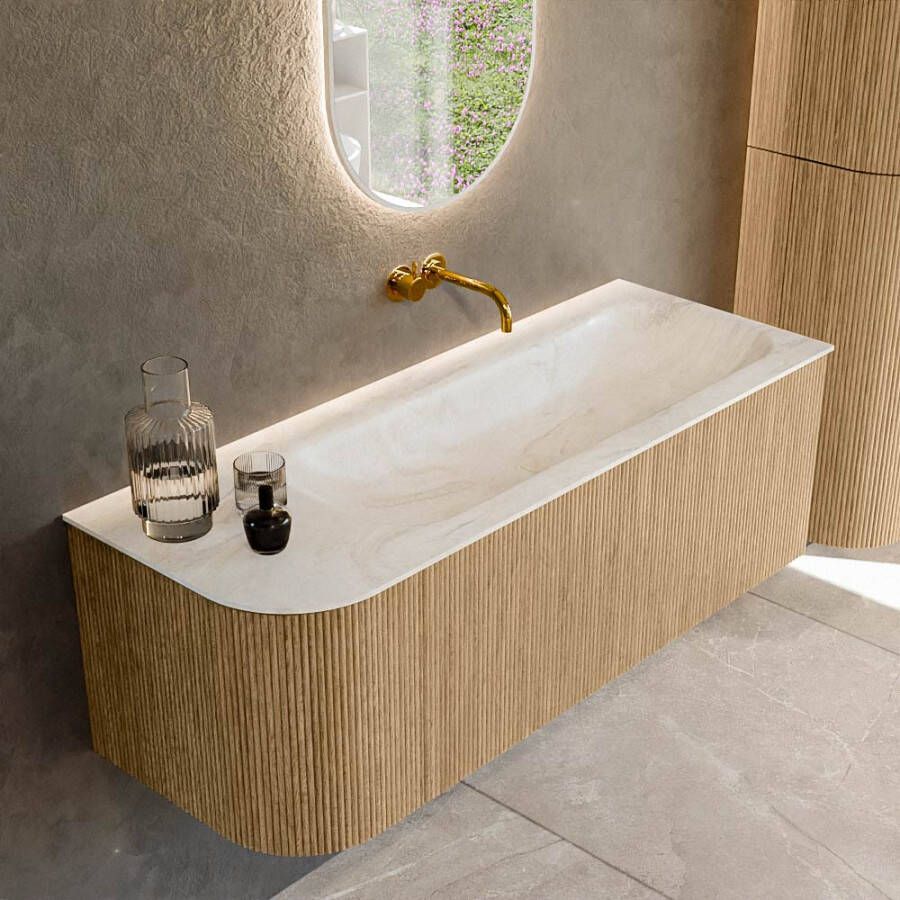Mondiaz KURVE-DLUX 125cm badmeubel met module 25 L kleur Oak met 1 lade en 1 deur. Wastafel BIG MEDIUM rechts zonder kraangat kleur Ostra. KRVBGM125L1L1D0KR-Oak Ost