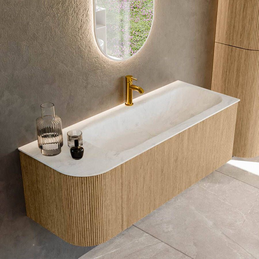 Mondiaz KURVE-DLUX 125cm badmeubel met module 25 L kleur Oak met 1 lade en 1 deur. Wastafel BIG MEDIUM rechts 1 kraangat kleur Opalo. KRVBGM125L1L1D1KR-Oak Opa