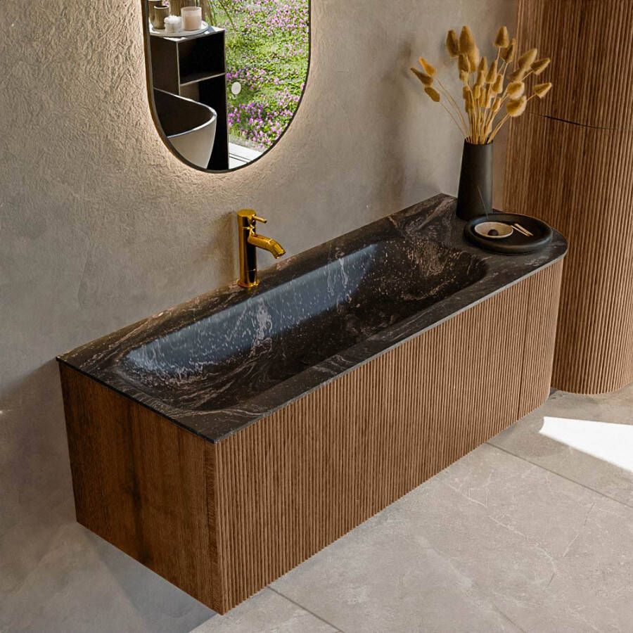 Mondiaz KURVE-DLUX 125cm badmeubel met module 25 R kleur Walnut met 1 lade en 1 deur. Wastafel BIG MEDIUM links 1 kraangat kleur Lava. KRVBGM125R1L1D1KL-Wal Lav