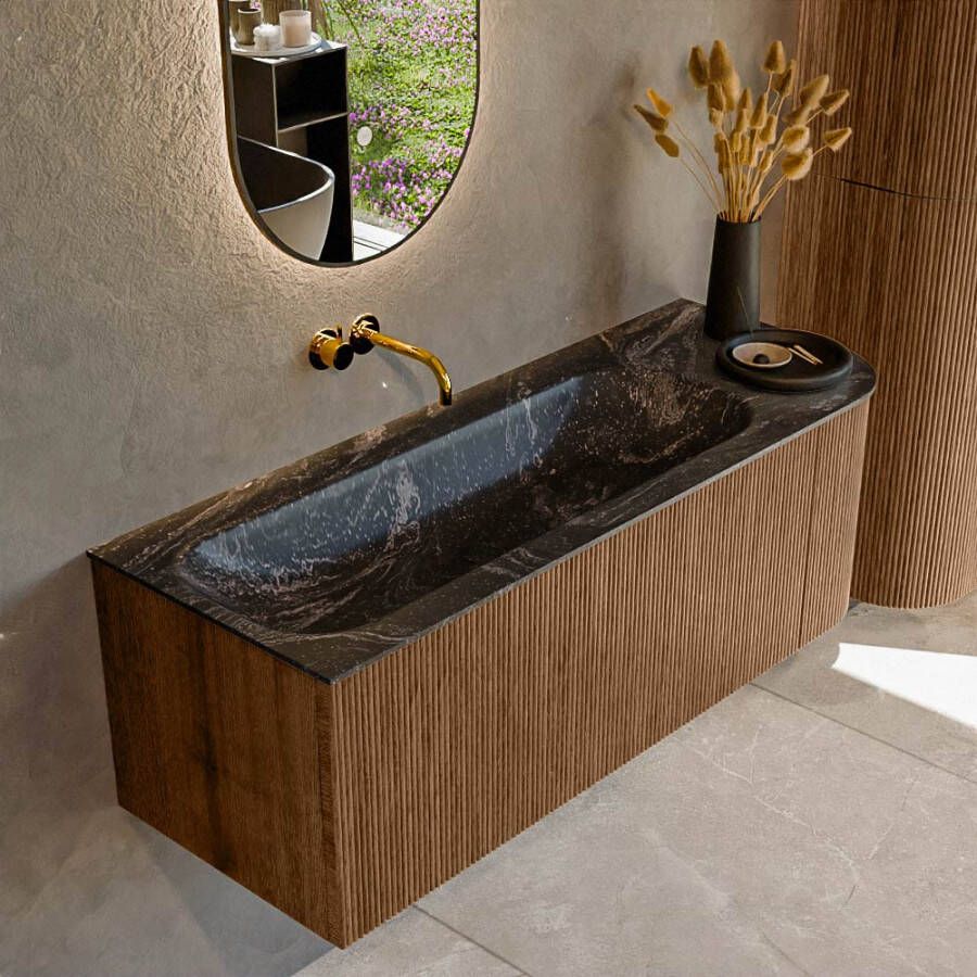 Mondiaz KURVE-DLUX 125cm badmeubel met module 25 R kleur Walnut met 1 lade en 1 deur. Wastafel BIG MEDIUM links zonder kraangat kleur Lava. KRVBGM125R1L1D0KL-Wal Lav