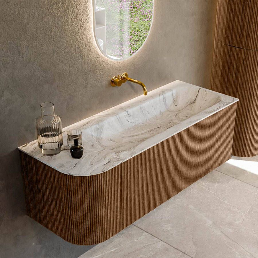 Mondiaz KURVE-DLUX 125cm badmeubel met module 25 L kleur Walnut met 1 lade en 1 deur. Wastafel BIG MEDIUM rechts zonder kraangat kleur Glace. KRVBGM125L1L1D0KR-Wal Gla