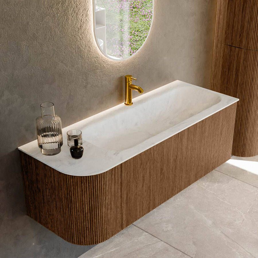 Mondiaz KURVE-DLUX 125cm badmeubel met module 25 L kleur Walnut met 1 lade en 1 deur. Wastafel BIG MEDIUM rechts 1 kraangat kleur Opalo. KRVBGM125L1L1D1KR-Wal Opa