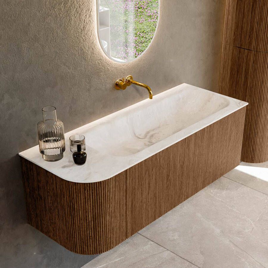 Mondiaz KURVE-DLUX 125cm badmeubel met module 25 L kleur Walnut met 1 lade en 1 deur. Wastafel BIG MEDIUM rechts zonder kraangat kleur Frappe. KRVBGM125L1L1D0KR-Wal Fra