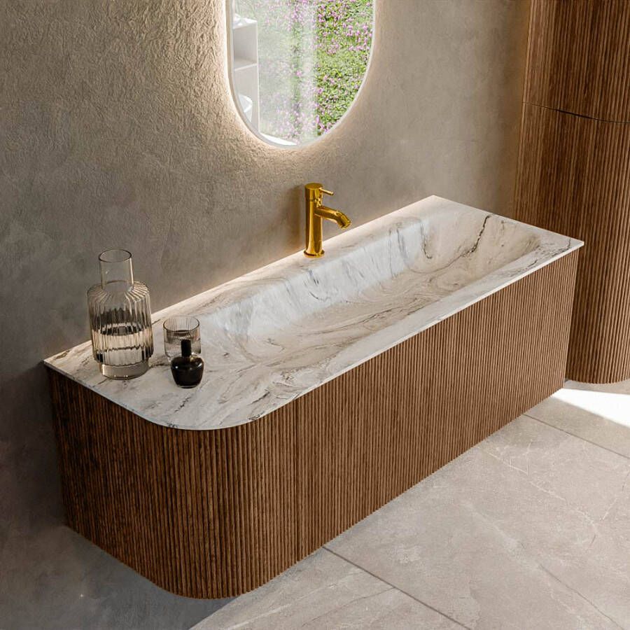 Mondiaz KURVE-DLUX 125cm badmeubel met module 25 L kleur Walnut met 1 lade en 1 deur. Wastafel BIG MEDIUM rechts 1 kraangat kleur Glace. KRVBGM125L1L1D1KR-Wal Gla