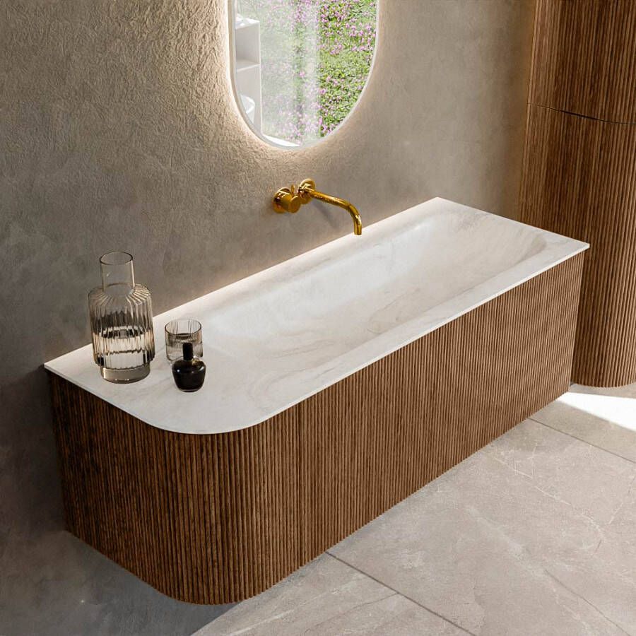 Mondiaz KURVE-DLUX 125cm badmeubel met module 25 L kleur Walnut met 1 lade en 1 deur. Wastafel BIG MEDIUM rechts zonder kraangat kleur Ostra. KRVBGM125L1L1D0KR-Wal Ost