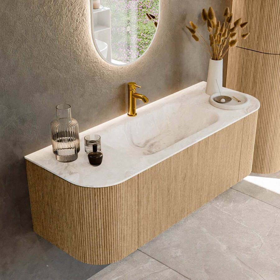 Mondiaz KURVE-DLUX 130cm badmeubel met module 25 Len R kleur Oak met 1 lade en 2 deuren. Wastafel BIG SMALL midden 1 kraangat kleur Frappe. KRVBGS130L+R1L2D1KM-Oak Fra