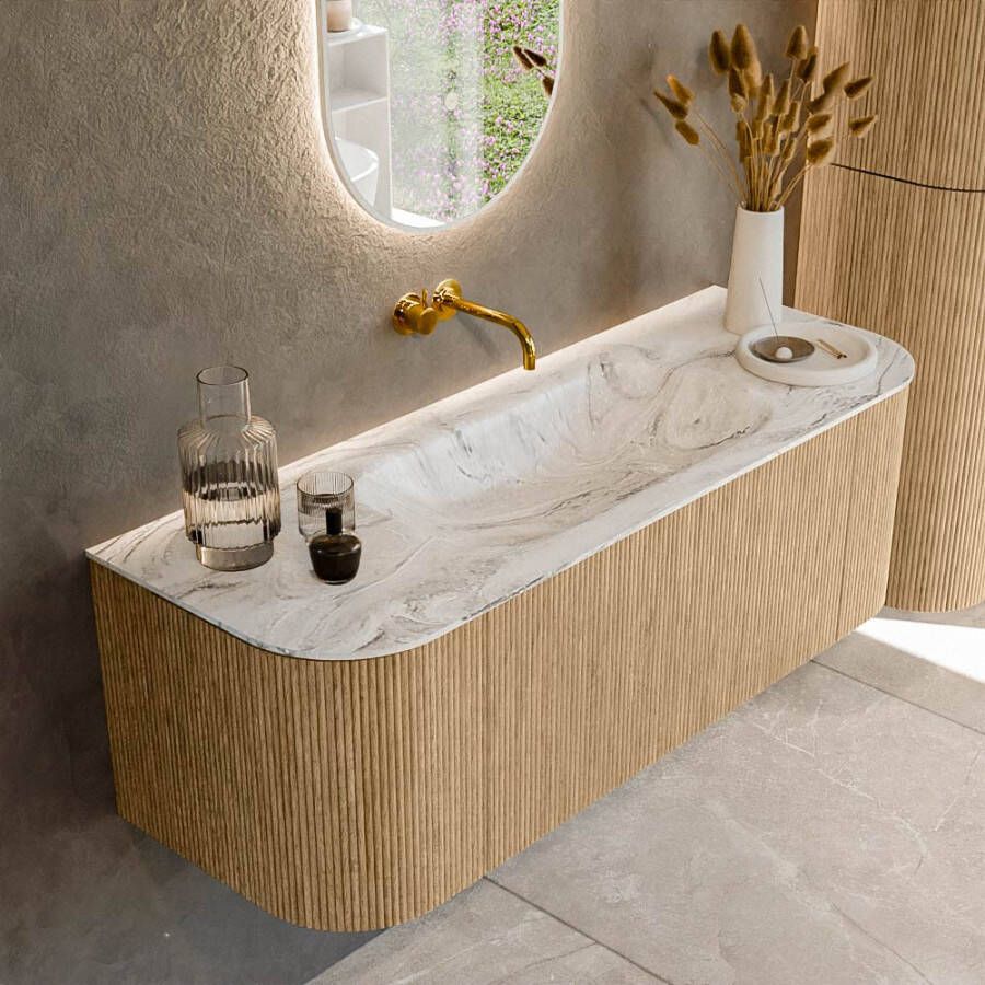 Mondiaz KURVE-DLUX 130cm badmeubel met module 25 Len R kleur Oak met 1 lade en 2 deuren. Wastafel BIG SMALL midden zonder kraangat kleur Glace. KRVBGS130L+R1L2D0KM-Oak Gla