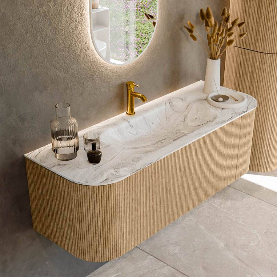 Mondiaz KURVE-DLUX 130cm badmeubel met module 25 Len R kleur Oak met 1 lade en 2 deuren. Wastafel BIG SMALL midden 1 kraangat kleur Glace. KRVBGS130L+R1L2D1KM-Oak Gla