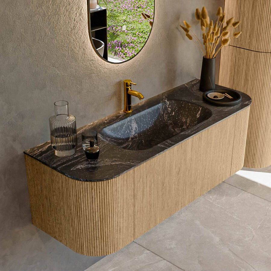Mondiaz KURVE-DLUX 130cm badmeubel met module 25 Len R kleur Oak met 1 lade en 2 deuren. Wastafel BIG SMALL midden 1 kraangat kleur Lava. KRVBGS130L+R1L2D1KM-Oak Lav