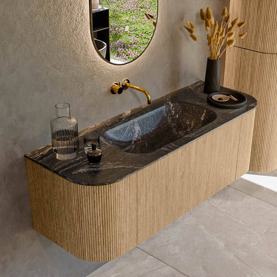 Mondiaz KURVE-DLUX 130cm badmeubel met module 25 Len R kleur Oak met 1 lade en 2 deuren. Wastafel BIG SMALL midden zonder kraangat kleur Lava. KRVBGS130L+R1L2D0KM-Oak Lav