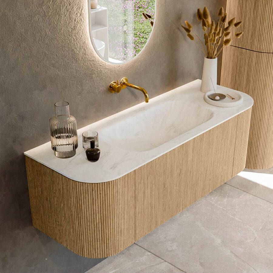 Mondiaz KURVE-DLUX 130cm badmeubel met module 25 Len R kleur Oak met 1 lade en 2 deuren. Wastafel BIG SMALL midden zonder kraangat kleur Opalo. KRVBGS130L+R1L2D0KM-Oak Opa