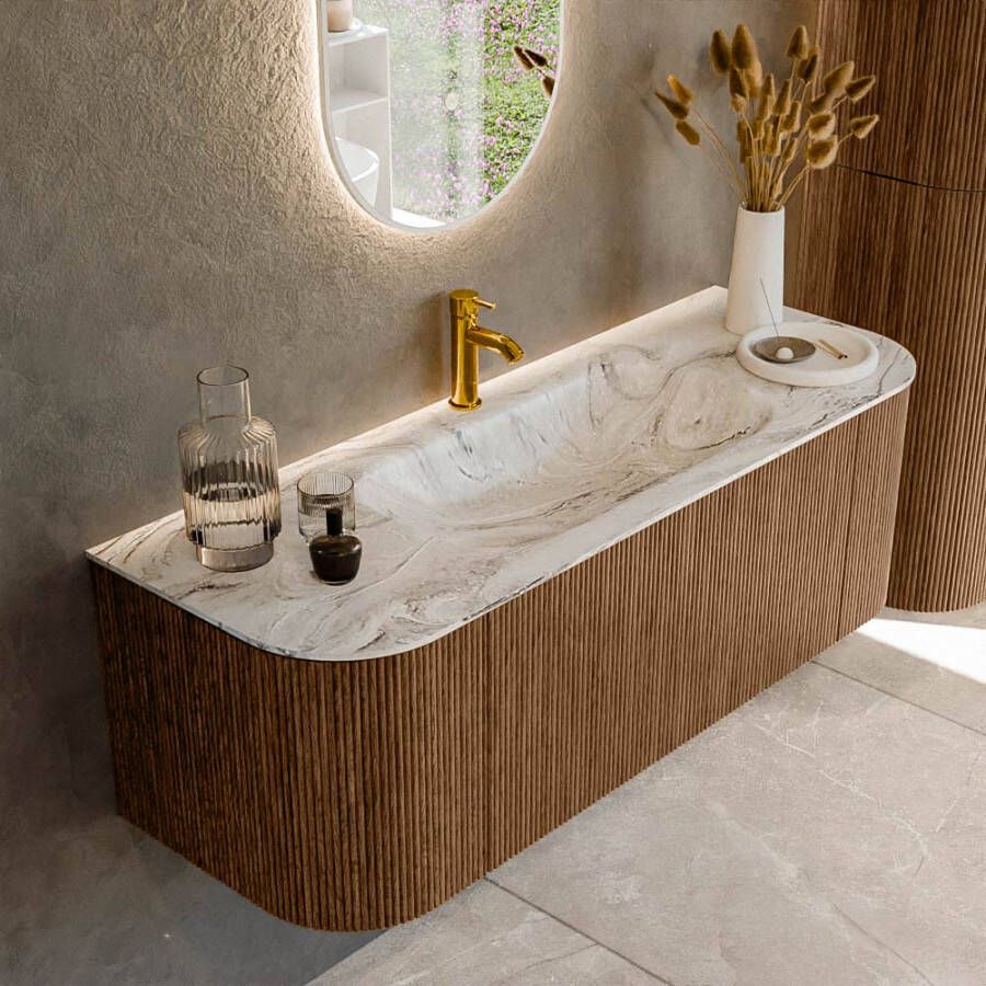 Mondiaz KURVE-DLUX 130cm badmeubel met module 25 Len R kleur Walnut met 1 lade en 2 deuren. Wastafel BIG SMALL midden 1 kraangat kleur Glace. KRVBGS130L+R1L2D1KM-Wal Gla