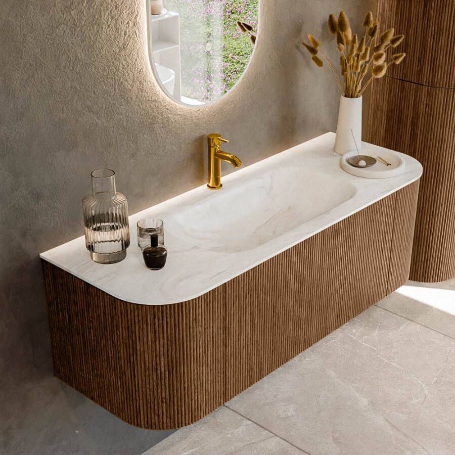 Mondiaz KURVE-DLUX 130cm badmeubel met module 25 Len R kleur Walnut met 1 lade en 2 deuren. Wastafel BIG SMALL midden 1 kraangat kleur Ostra. KRVBGS130L+R1L2D1KM-Wal Ost