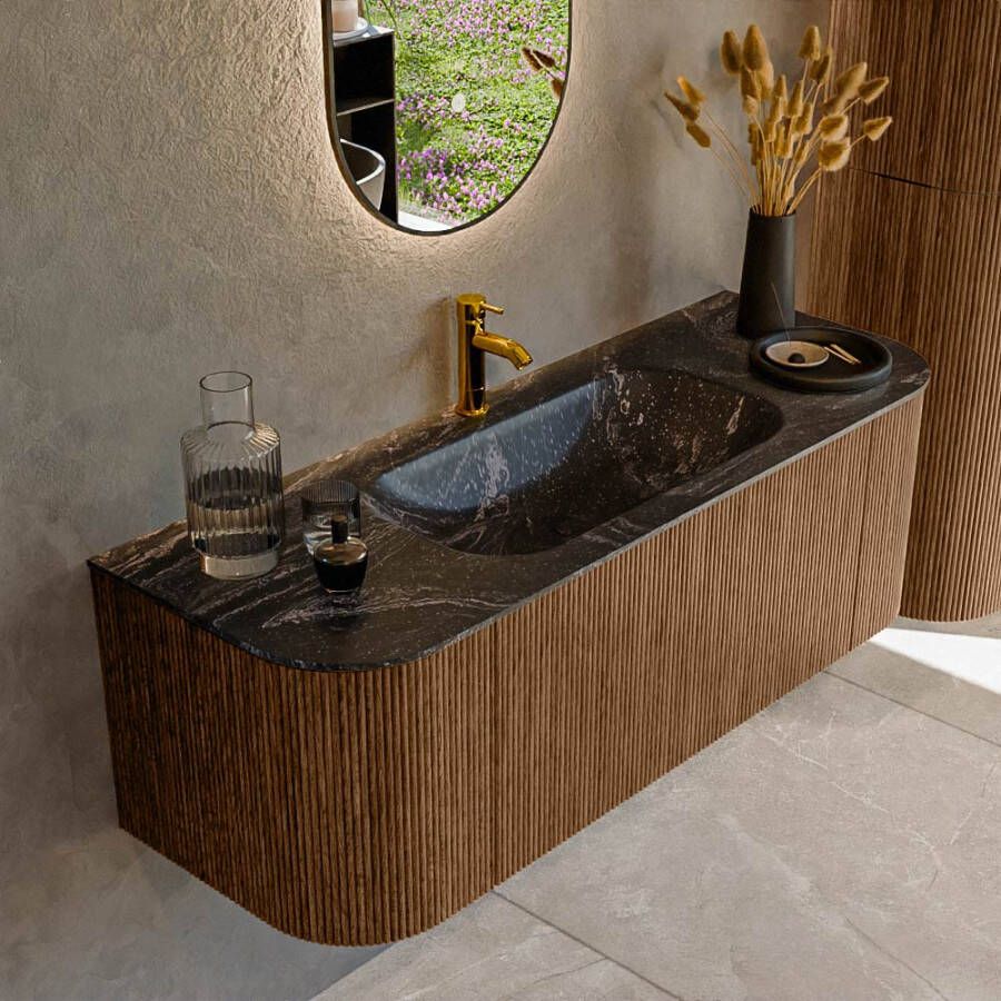Mondiaz KURVE-DLUX 130cm badmeubel met module 25 Len R kleur Walnut met 1 lade en 2 deuren. Wastafel BIG SMALL midden 1 kraangat kleur Lava. KRVBGS130L+R1L2D1KM-Wal Lav