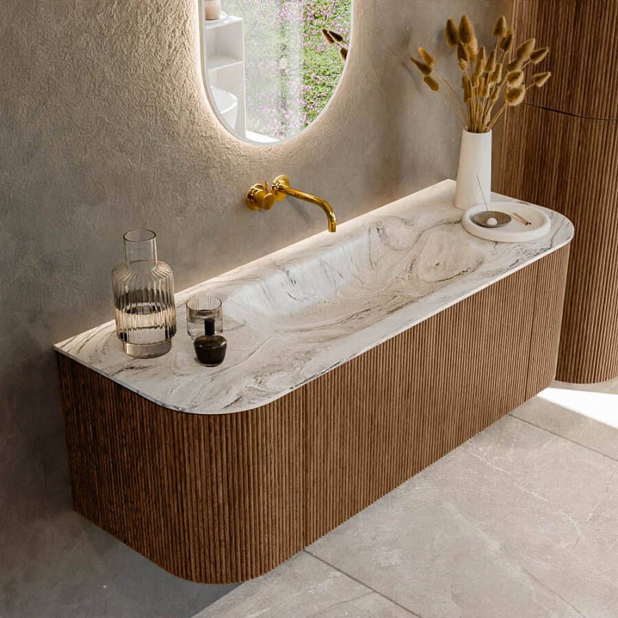 Mondiaz KURVE-DLUX 130cm badmeubel met module 25 Len R kleur Walnut met 1 lade en 2 deuren. Wastafel BIG SMALL midden zonder kraangat kleur Glace. KRVBGS130L+R1L2D0KM-Wal Gla