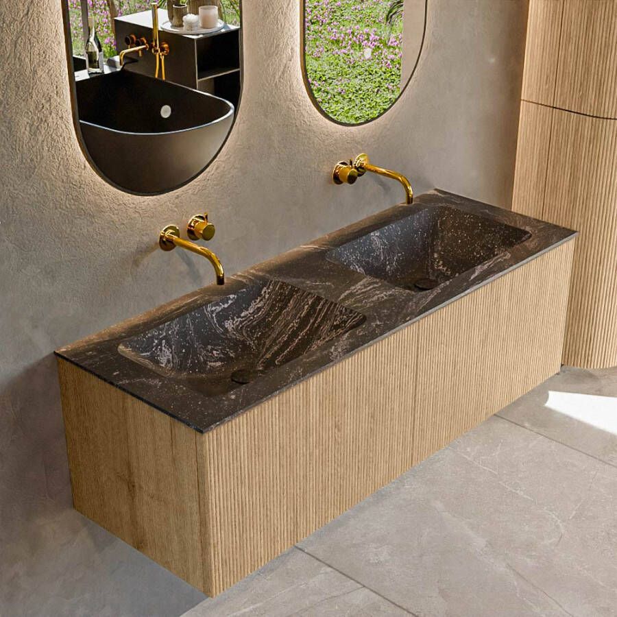 Mondiaz KURVE-DLUX 130 cm Onderkast Greeploos 2 Lades Zonder Deuren Oak Wastafel Solid Surface Dubbel Lava 0 Kraangaten Zonder Spiegel (KRVLEA1302L0D0KD-Oak Lav)