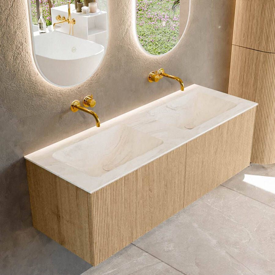 Mondiaz KURVE-DLUX 130 cm Onderkast Greeploos 2 Lades Zonder Deuren Oak Wastafel Solid Surface Dubbel Ostra 0 Kraangaten Zonder Spiegel (KRVLEA1302L0D0KD-Oak Ost)