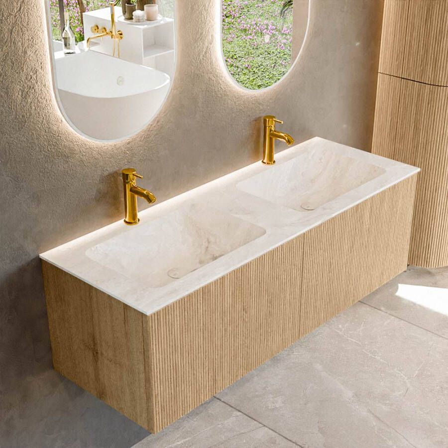 Mondiaz KURVE-DLUX 130 cm Onderkast Greeploos 2 Lades Zonder Deuren Oak Wastafel Solid Surface Dubbel Frappe 2 Kraangaten Zonder Spiegel (KRVLEA1302L0D2KD-Oak Fra)