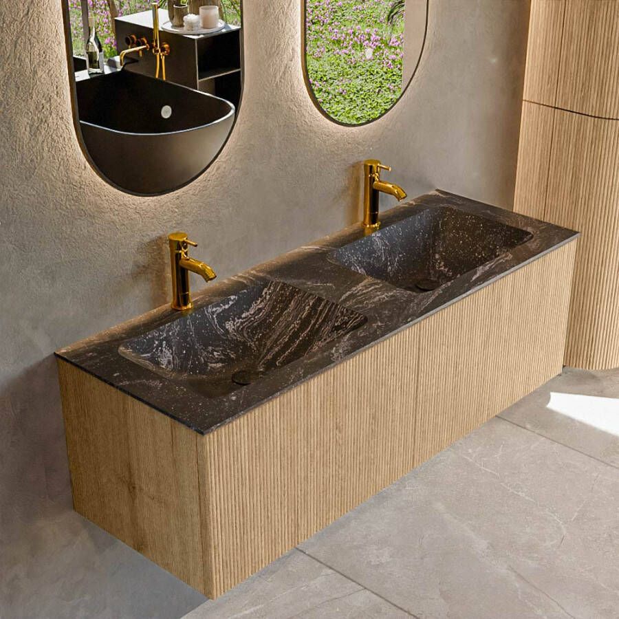 Mondiaz KURVE-DLUX 130 cm Onderkast Greeploos 2 Lades Zonder Deuren Oak Wastafel Solid Surface Dubbel Lava 2 Kraangaten Zonder Spiegel (KRVLEA1302L0D2KD-Oak Lav)