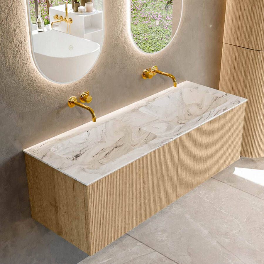Mondiaz KURVE-DLUX 130 cm Onderkast Greeploos 2 Lades Zonder Deuren Oak Wastafel Solid Surface Dubbel Glace 0 Kraangaten Zonder Spiegel (KRVLEA1302L0D0KD-Oak Gla)