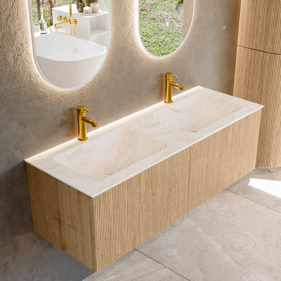 Mondiaz KURVE-DLUX 130 cm Onderkast Greeploos 2 Lades Zonder Deuren Oak Wastafel Solid Surface Dubbel Ostra 2 Kraangaten Zonder Spiegel (KRVLEA1302L0D2KD-Oak Ost)