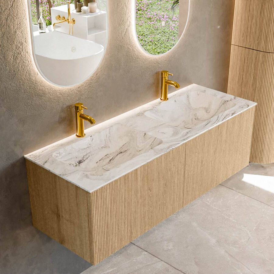 Mondiaz KURVE-DLUX 130 cm Onderkast Greeploos 2 Lades Zonder Deuren Oak Wastafel Solid Surface Dubbel Glace 2 Kraangaten Zonder Spiegel (KRVLEA1302L0D2KD-Oak Gla)