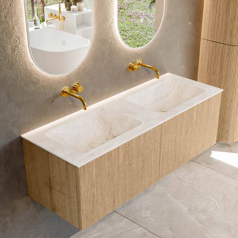 Mondiaz KURVE-DLUX 130 cm Onderkast Greeploos 2 Lades Zonder Deuren Oak Wastafel Solid Surface Dubbel Frappe 0 Kraangaten Zonder Spiegel (KRVLEA1302L0D0KD-Oak Fra)