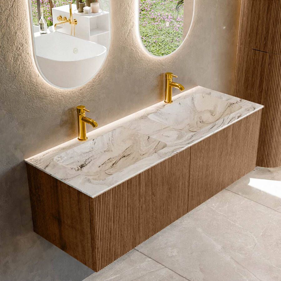 Mondiaz KURVE-DLUX 130 cm Onderkast Greeploos 2 Lades Zonder Deuren Walnut Wastafel Solid Surface Dubbel Glace 2 Kraangaten Zonder Spiegel (KRVLEA1302L0D2KD-Wal Gla)