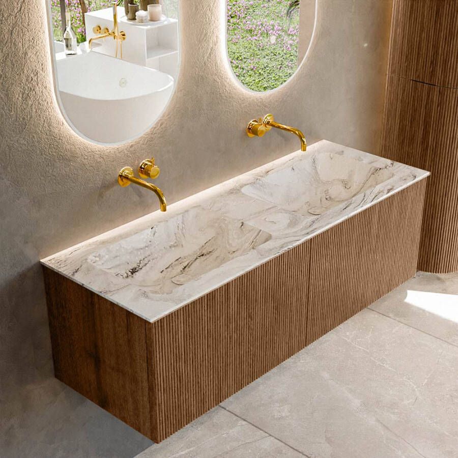 Mondiaz KURVE-DLUX 130 cm Onderkast Greeploos 2 Lades Zonder Deuren Walnut Wastafel Solid Surface Dubbel Glace 0 Kraangaten Zonder Spiegel (KRVLEA1302L0D0KD-Wal Gla)