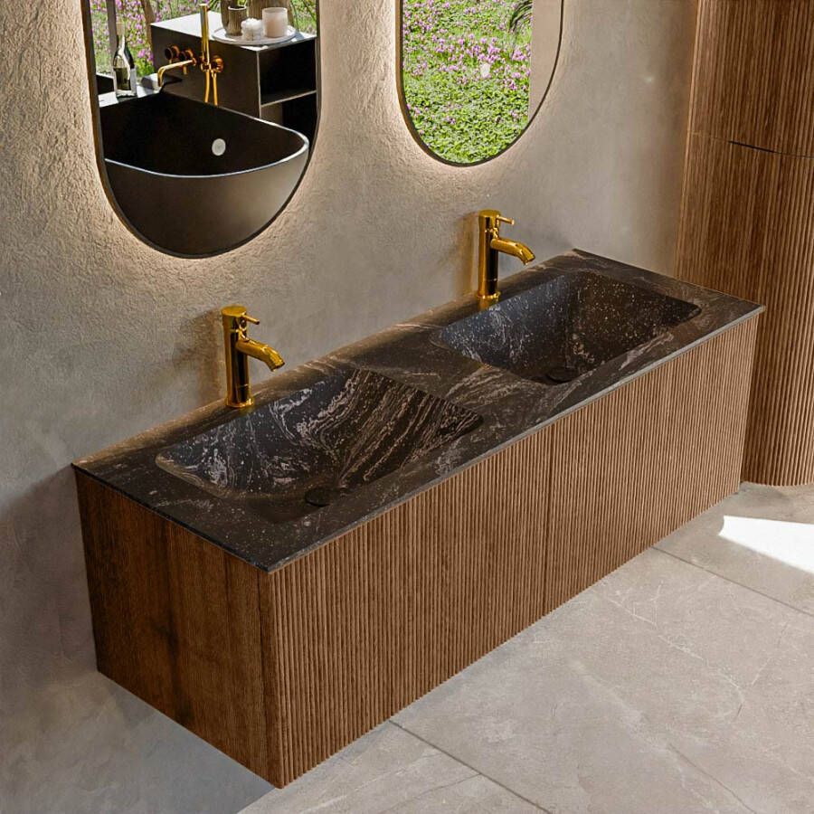 Mondiaz KURVE-DLUX 130 cm Onderkast Greeploos 2 Lades Zonder Deuren Walnut Wastafel Solid Surface Dubbel Lava 2 Kraangaten Zonder Spiegel (KRVLEA1302L0D2KD-Wal Lav)