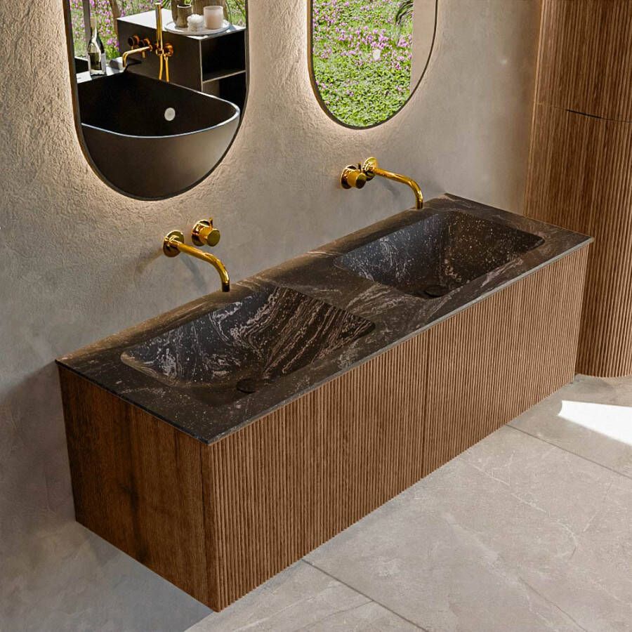 Mondiaz KURVE-DLUX 130 cm Onderkast Greeploos 2 Lades Zonder Deuren Walnut Wastafel Solid Surface Dubbel Lava 0 Kraangaten Zonder Spiegel (KRVLEA1302L0D0KD-Wal Lav)