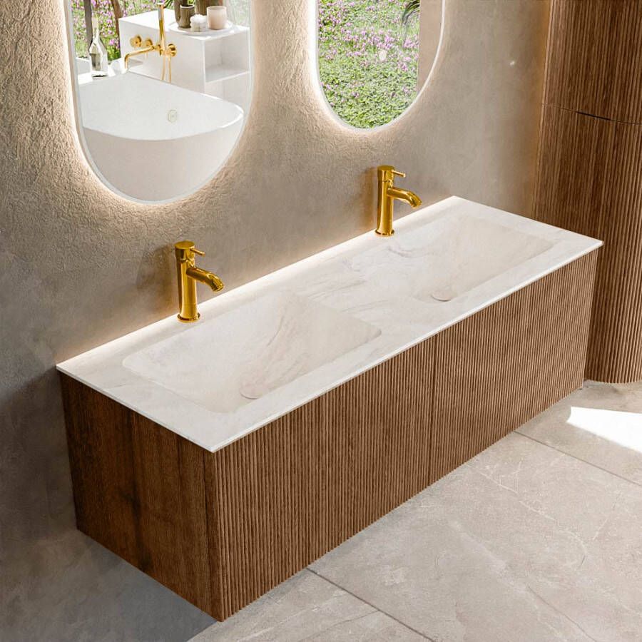 Mondiaz KURVE-DLUX 130 cm Onderkast Greeploos 2 Lades Zonder Deuren Walnut Wastafel Solid Surface Dubbel Ostra 2 Kraangaten Zonder Spiegel (KRVLEA1302L0D2KD-Wal Ost)