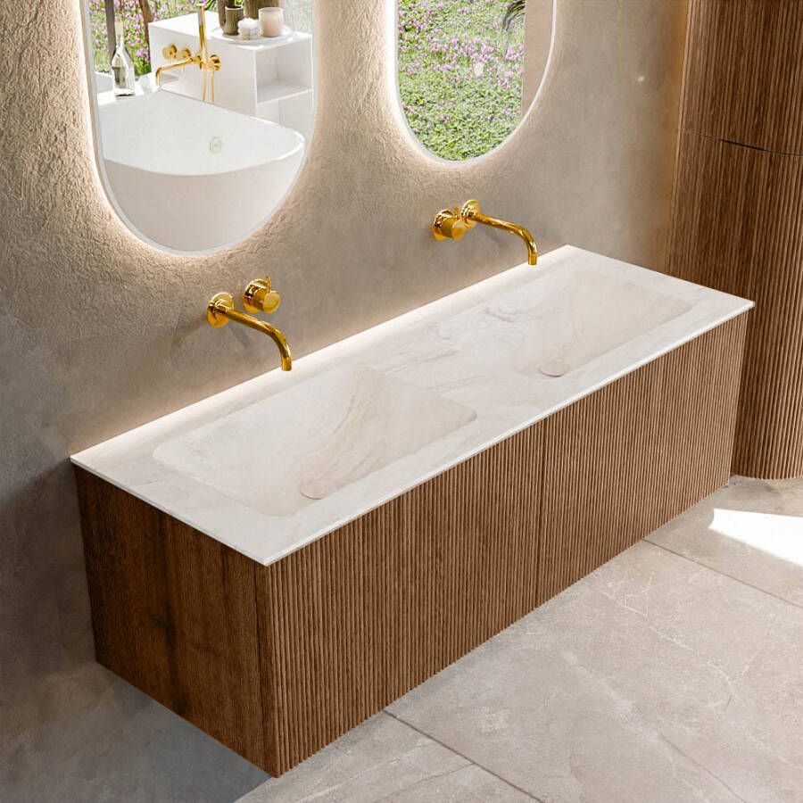 Mondiaz KURVE-DLUX 130 cm Onderkast Greeploos 2 Lades Zonder Deuren Walnut Wastafel Solid Surface Dubbel Ostra 0 Kraangaten Zonder Spiegel (KRVLEA1302L0D0KD-Wal Ost)