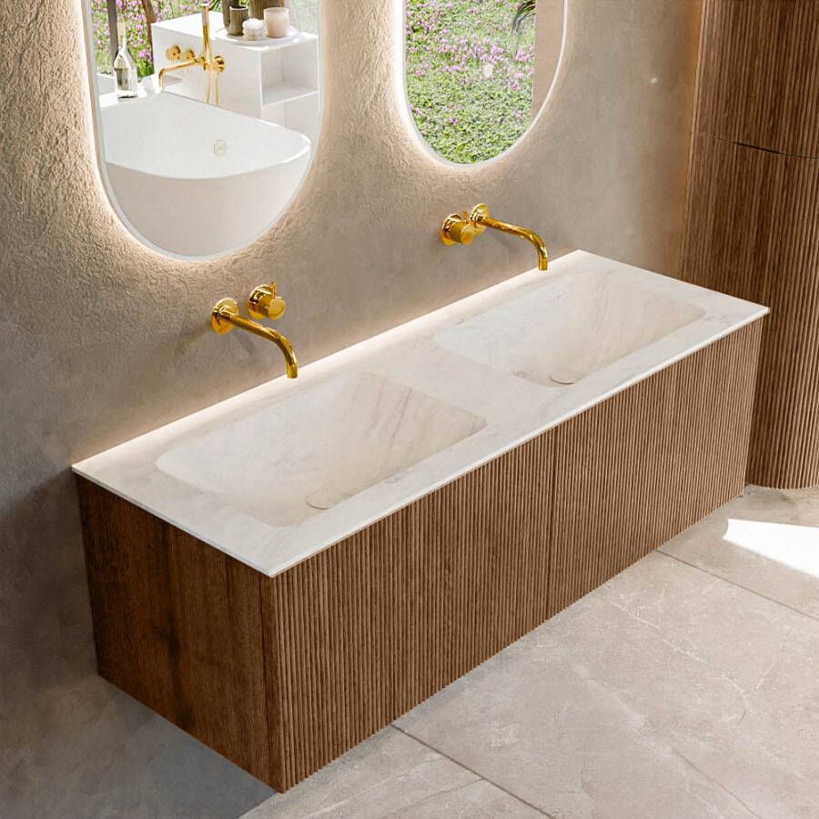 Mondiaz KURVE-DLUX 130 cm Onderkast Greeploos 2 Lades Zonder Deuren Walnut Wastafel Solid Surface Dubbel Opalo 0 Kraangaten Zonder Spiegel (KRVLEA1302L0D0KD-Wal Opa)