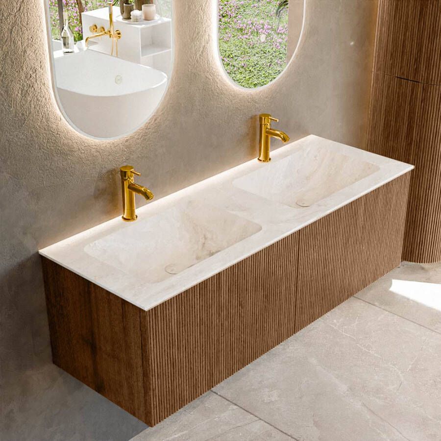 Mondiaz KURVE-DLUX 130 cm Onderkast Greeploos 2 Lades Zonder Deuren Walnut Wastafel Solid Surface Dubbel Frappe 2 Kraangaten Zonder Spiegel (KRVLEA1302L0D2KD-Wal Fra)