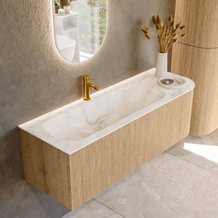 Mondiaz KURVE-DLUX 135cm badmeubel met module 25 R kleur Oak met 1 lade en 1 deur. Wastafel BIG MEDIUM links 1 kraangat kleur Frappe. KRVBGM135R1L1D1KL-Oak Fra