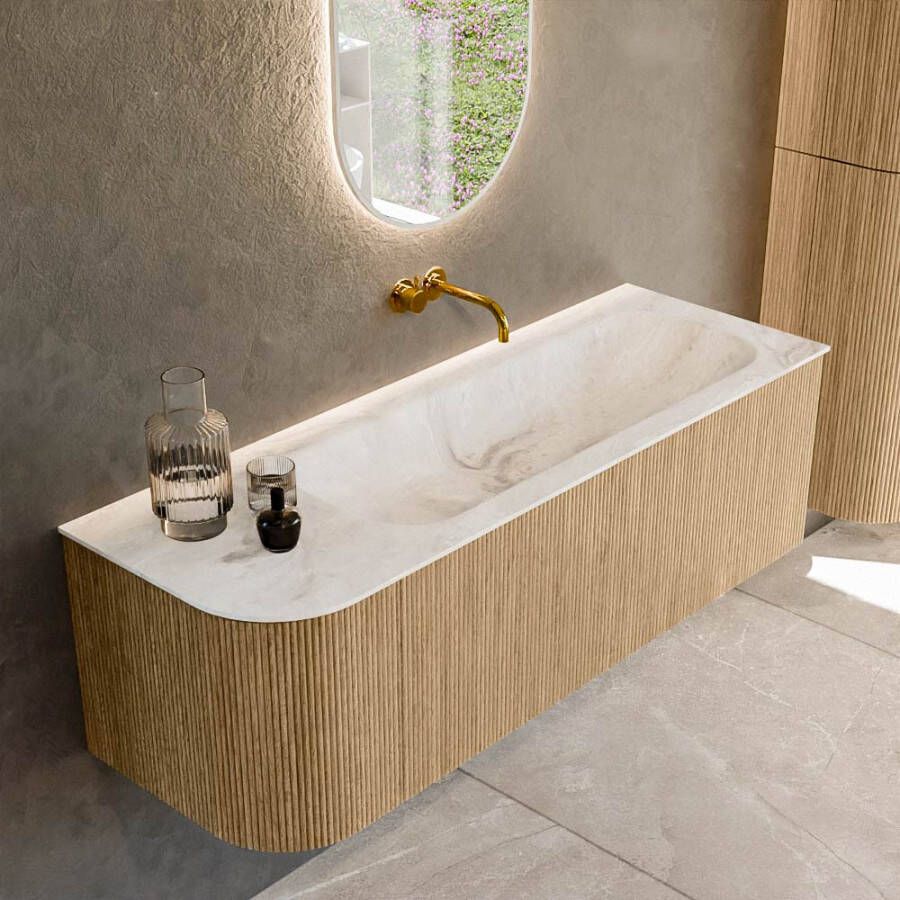 Mondiaz KURVE-DLUX 135cm badmeubel met module 25 L kleur Oak met 1 lade en 1 deur. Wastafel BIG MEDIUM rechts zonder kraangat kleur Frappe. KRVBGM135L1L1D0KR-Oak Fra