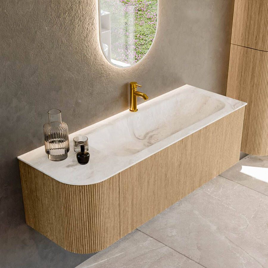 Mondiaz KURVE-DLUX 135cm badmeubel met module 25 L kleur Oak met 1 lade en 1 deur. Wastafel BIG MEDIUM rechts 1 kraangat kleur Frappe. KRVBGM135L1L1D1KR-Oak Fra