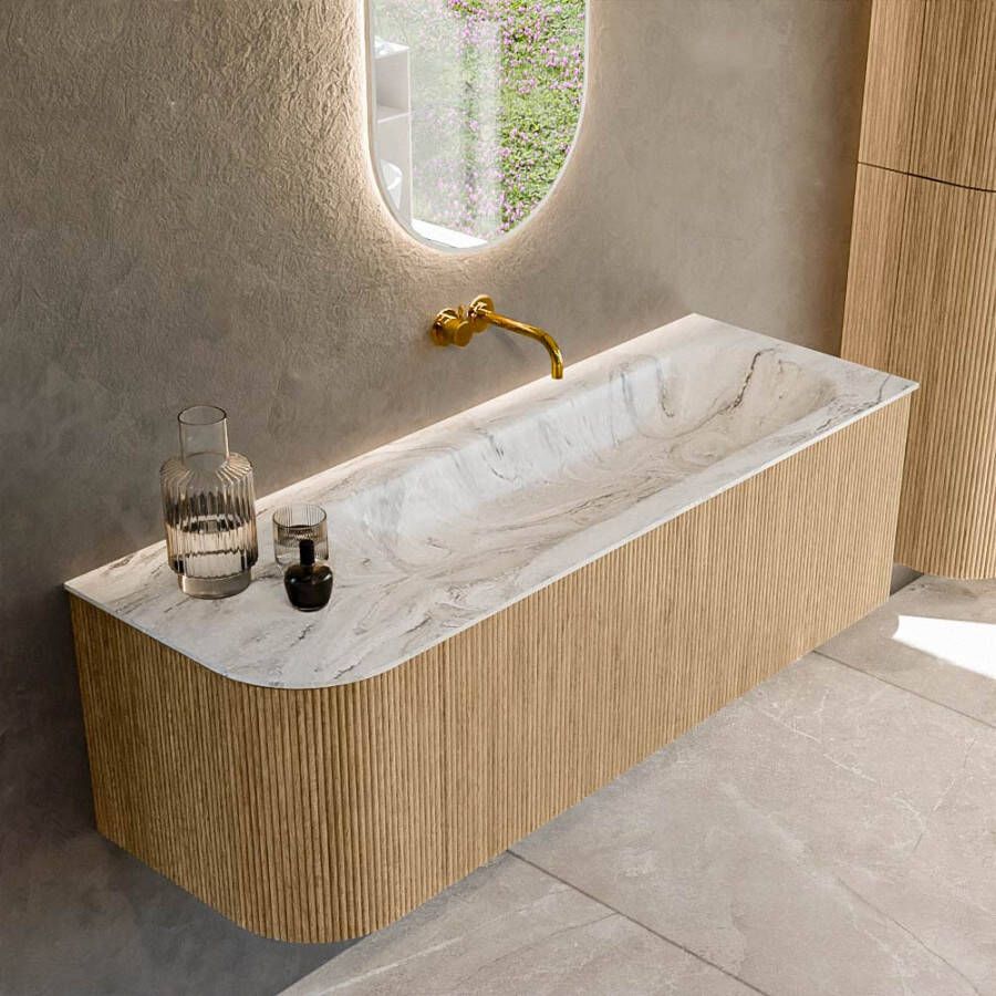 Mondiaz KURVE-DLUX 135cm badmeubel met module 25 L kleur Oak met 1 lade en 1 deur. Wastafel BIG MEDIUM rechts zonder kraangat kleur Glace. KRVBGM135L1L1D0KR-Oak Gla