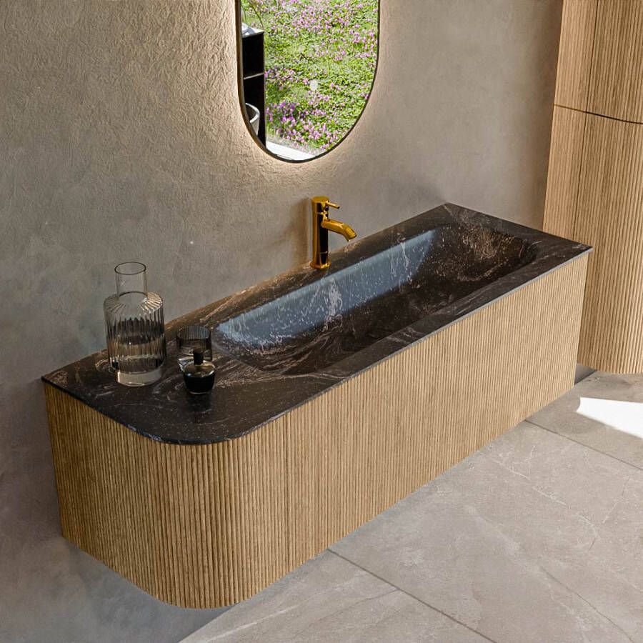 Mondiaz KURVE-DLUX 135cm badmeubel met module 25 L kleur Oak met 1 lade en 1 deur. Wastafel BIG MEDIUM rechts 1 kraangat kleur Lava. KRVBGM135L1L1D1KR-Oak Lav