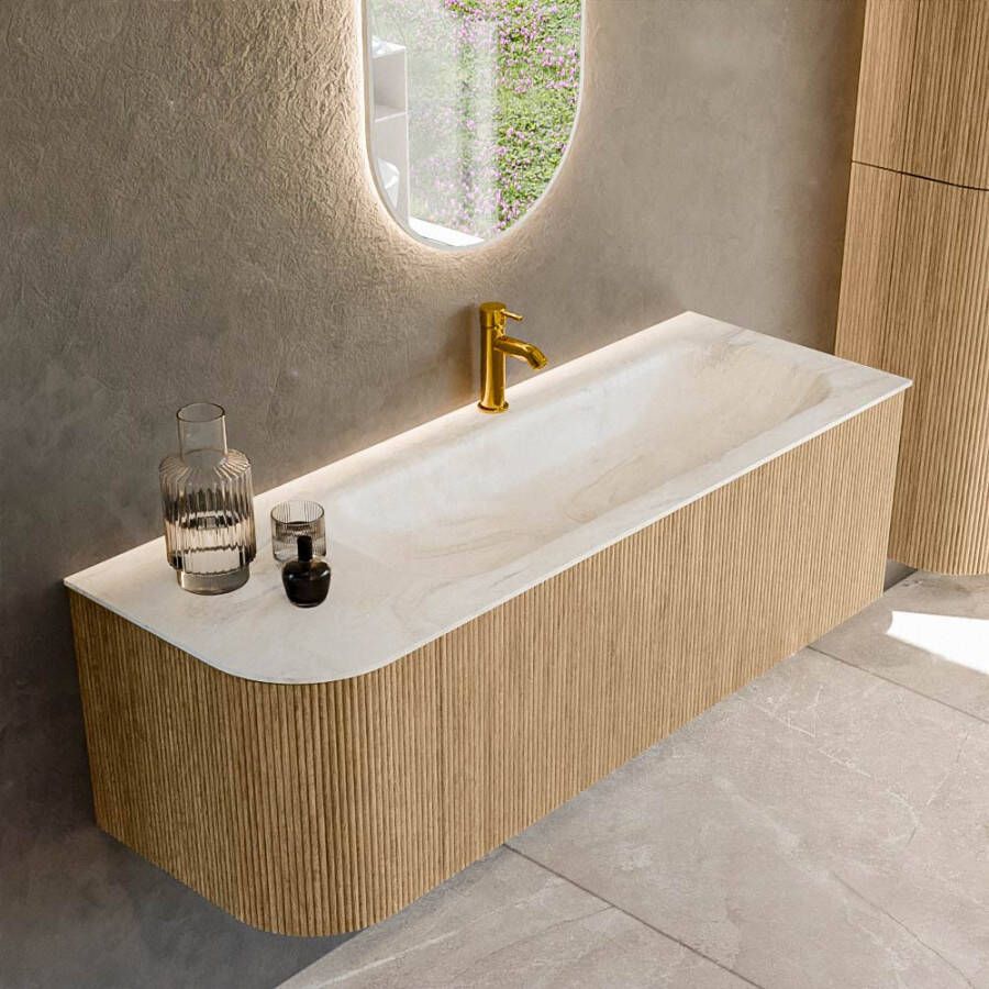 Mondiaz KURVE-DLUX 135cm badmeubel met module 25 L kleur Oak met 1 lade en 1 deur. Wastafel BIG MEDIUM rechts 1 kraangat kleur Ostra. KRVBGM135L1L1D1KR-Oak Ost