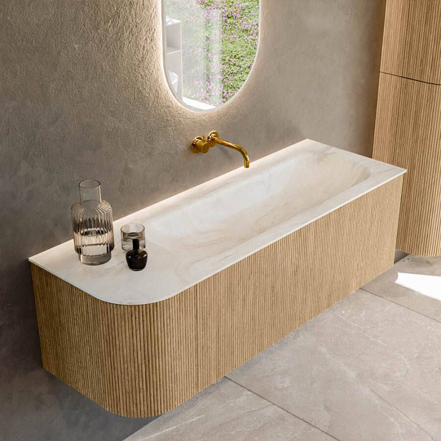 Mondiaz KURVE-DLUX 135cm badmeubel met module 25 L kleur Oak met 1 lade en 1 deur. Wastafel BIG MEDIUM rechts zonder kraangat kleur Ostra. KRVBGM135L1L1D0KR-Oak Ost