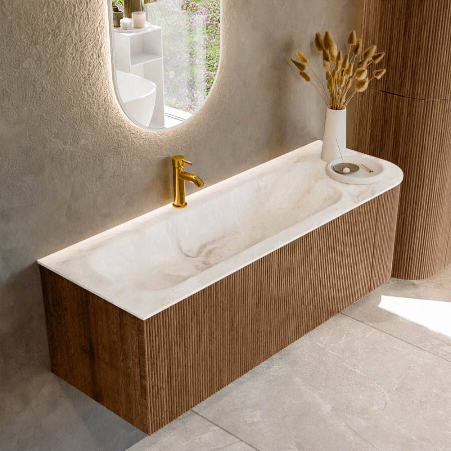 Mondiaz KURVE-DLUX 135cm badmeubel met module 25 R kleur Walnut met 1 lade en 1 deur. Wastafel BIG MEDIUM links 1 kraangat kleur Frappe. KRVBGM135R1L1D1KL-Wal Fra