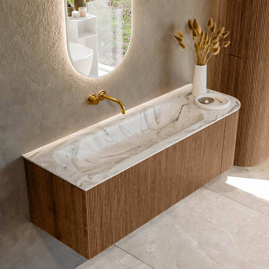 Mondiaz KURVE-DLUX 135cm badmeubel met module 25 R kleur Walnut met 1 lade en 1 deur. Wastafel BIG MEDIUM links zonder kraangat kleur Glace. KRVBGM135R1L1D0KL-Wal Gla