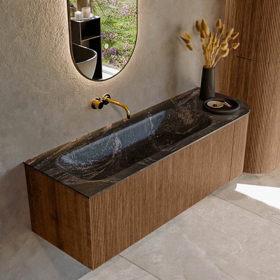 Mondiaz KURVE-DLUX 135cm badmeubel met module 25 R kleur Walnut met 1 lade en 1 deur. Wastafel BIG MEDIUM links zonder kraangat kleur Lava. KRVBGM135R1L1D0KL-Wal Lav