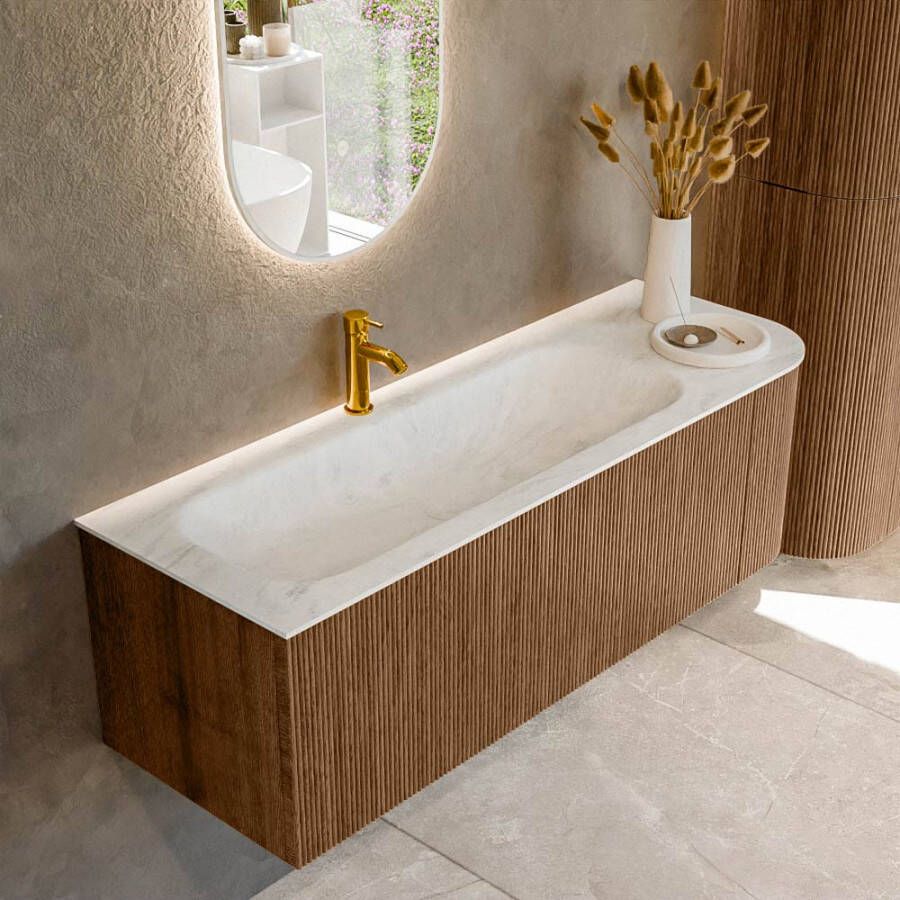 Mondiaz KURVE-DLUX 135cm badmeubel met module 25 R kleur Walnut met 1 lade en 1 deur. Wastafel BIG MEDIUM links 1 kraangat kleur Opalo. KRVBGM135R1L1D1KL-Wal Opa